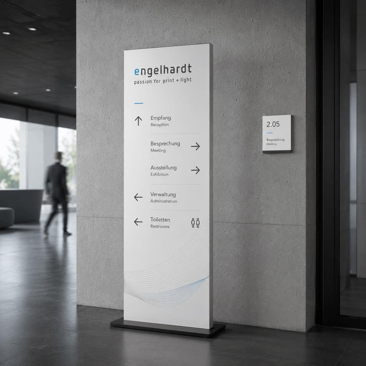 orientierungsssysteme Orientierungssystem mit Wegweiser und Türschild für Empfang, Besprechung und Verwaltung.